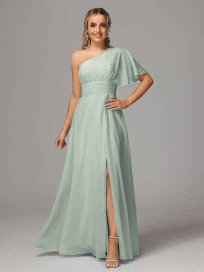 One Shoulder Chiffon Bridesmaid Dresses With Slit