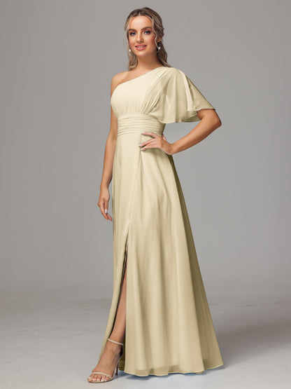 One Shoulder Chiffon Bridesmaid Dresses With Slit