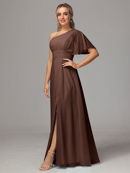 One Shoulder Chiffon Bridesmaid Dresses With Slit