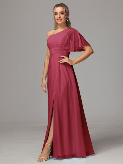One Shoulder Chiffon Bridesmaid Dresses With Slit