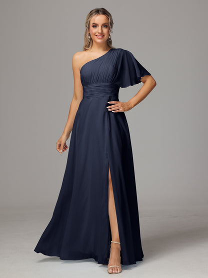 One Shoulder Chiffon Bridesmaid Dresses With Slit