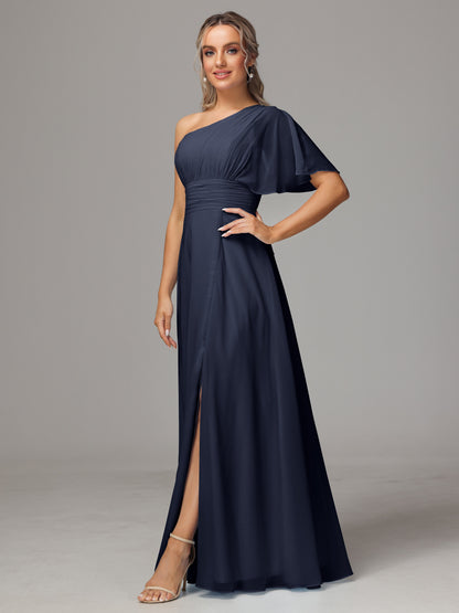 One Shoulder Chiffon Bridesmaid Dresses With Slit