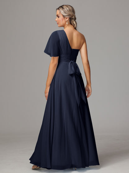 One Shoulder Chiffon Bridesmaid Dresses With Slit