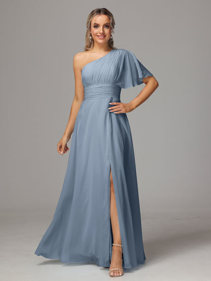 One Shoulder Chiffon Bridesmaid Dresses With Slit