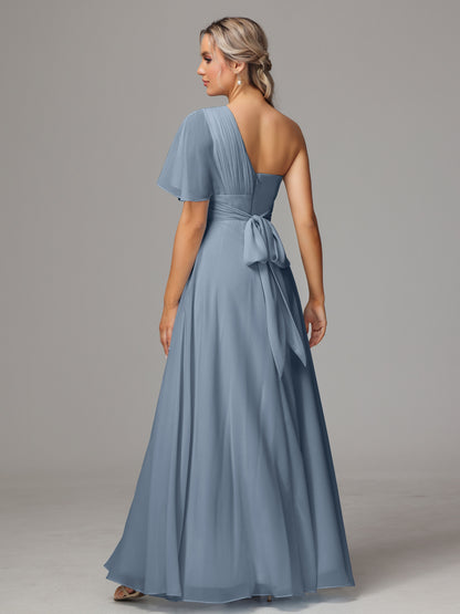 One Shoulder Chiffon Bridesmaid Dresses With Slit