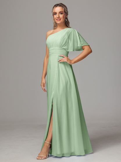 One Shoulder Chiffon Bridesmaid Dresses With Slit