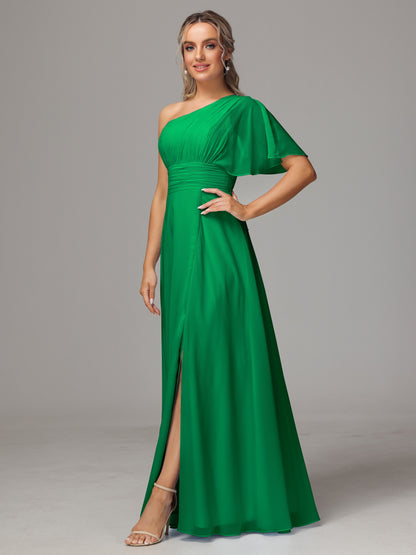 One Shoulder Chiffon Bridesmaid Dresses With Slit