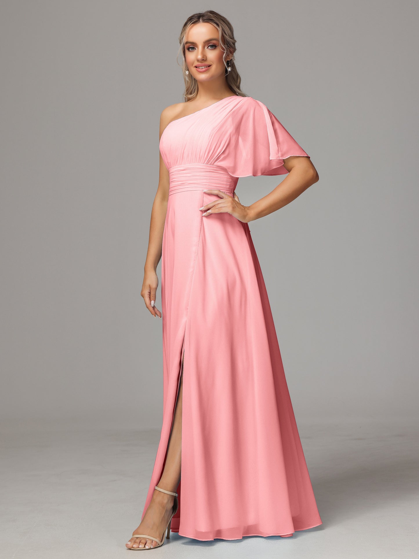 One Shoulder Chiffon Bridesmaid Dresses With Slit