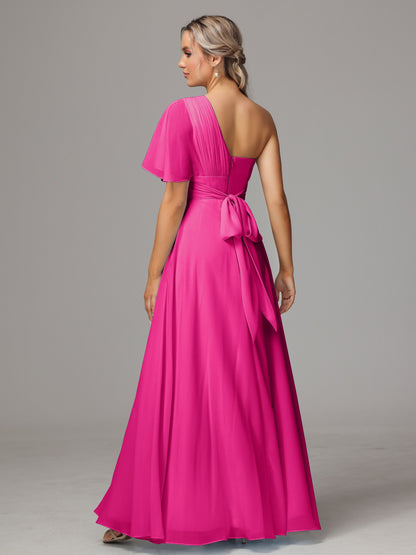 One Shoulder Chiffon Bridesmaid Dresses With Slit