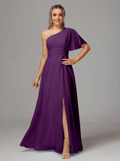 One Shoulder Chiffon Bridesmaid Dresses With Slit