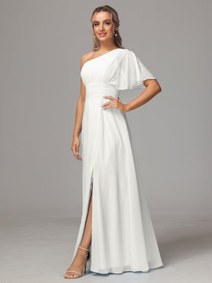 One Shoulder Chiffon Bridesmaid Dresses With Slit