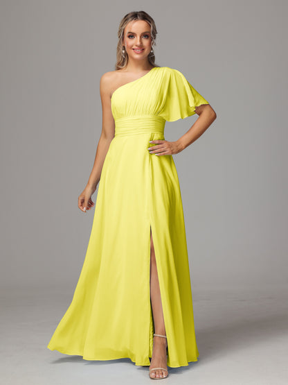 One Shoulder Chiffon Bridesmaid Dresses With Slit