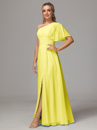 One Shoulder Chiffon Bridesmaid Dresses With Slit