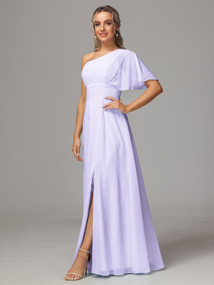 One Shoulder Chiffon Bridesmaid Dresses With Slit