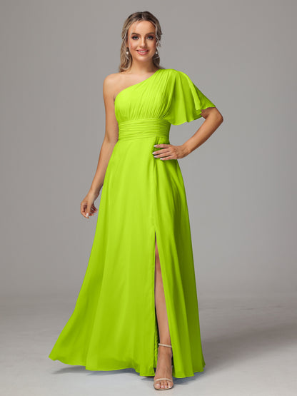 One Shoulder Chiffon Bridesmaid Dresses With Slit