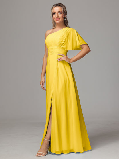 One Shoulder Chiffon Bridesmaid Dresses With Slit