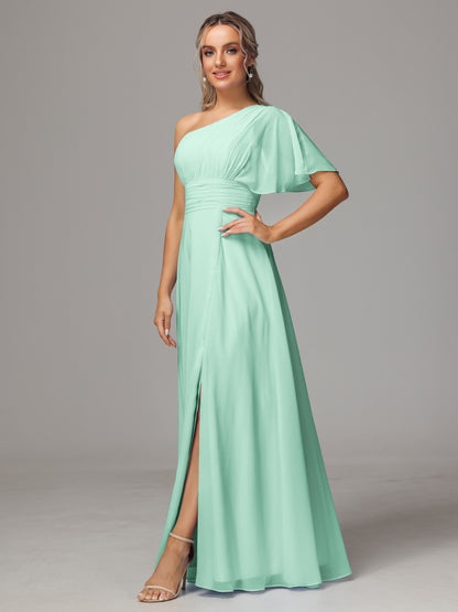 One Shoulder Chiffon Bridesmaid Dresses With Slit