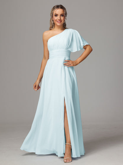 One Shoulder Chiffon Bridesmaid Dresses With Slit