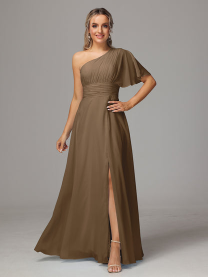 One Shoulder Chiffon Bridesmaid Dresses With Slit