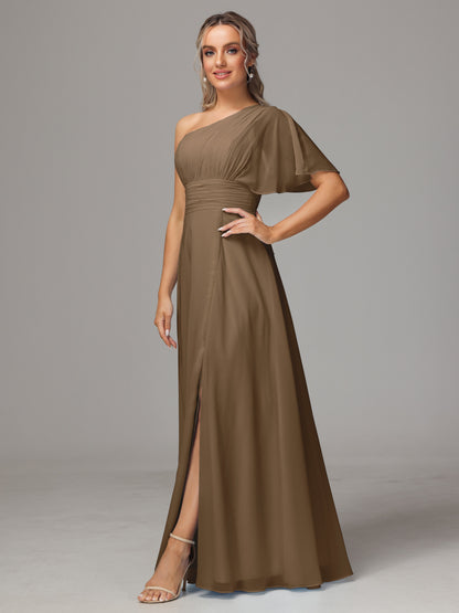 One Shoulder Chiffon Bridesmaid Dresses With Slit