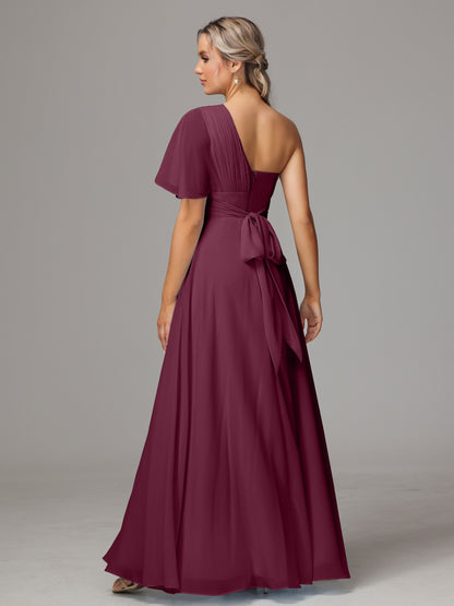 One Shoulder Chiffon Bridesmaid Dresses With Slit