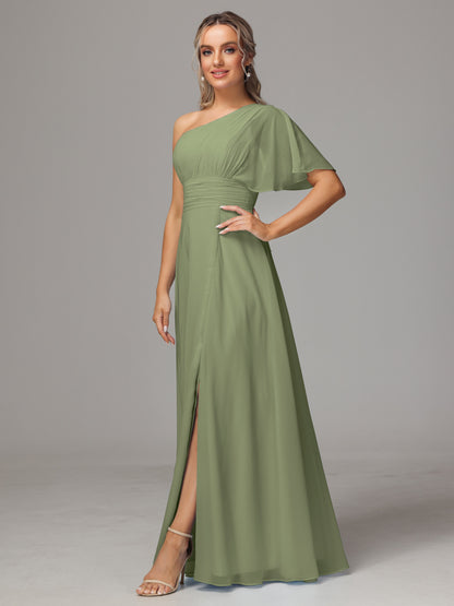 One Shoulder Chiffon Bridesmaid Dresses With Slit