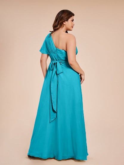 Allison One Shoulder Chiffon Plus Size Bridesmaid Dresses with Slit