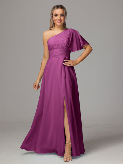 One Shoulder Chiffon Bridesmaid Dresses With Slit
