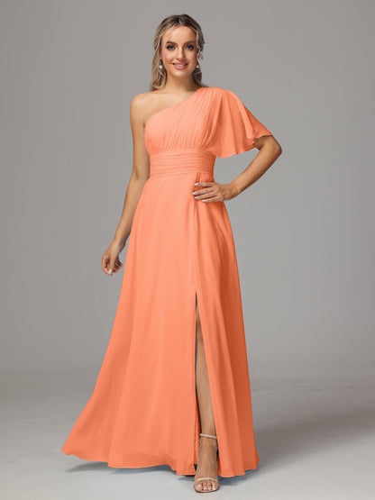 One Shoulder Chiffon Bridesmaid Dresses With Slit