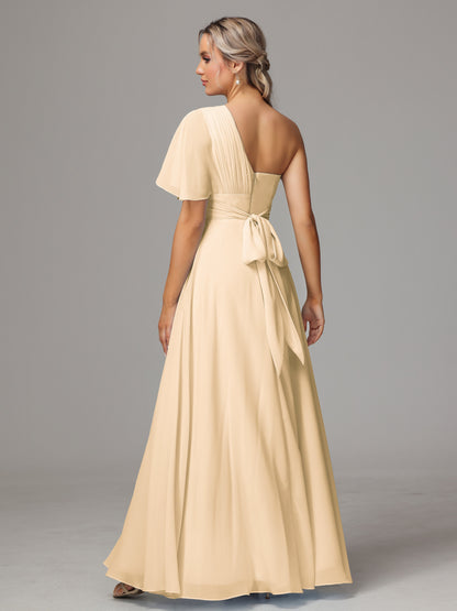 One Shoulder Chiffon Bridesmaid Dresses With Slit
