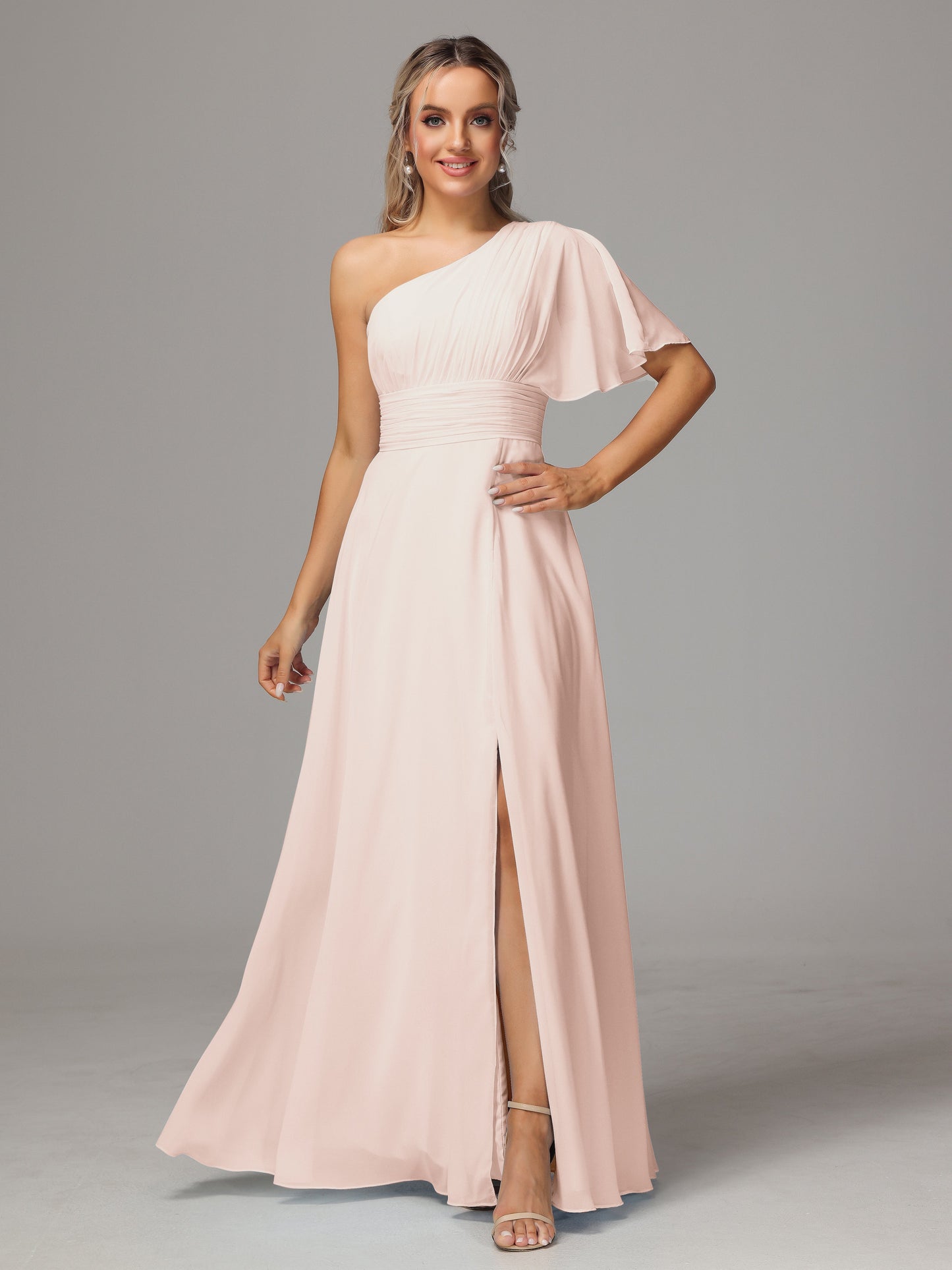 One Shoulder Chiffon Bridesmaid Dresses With Slit