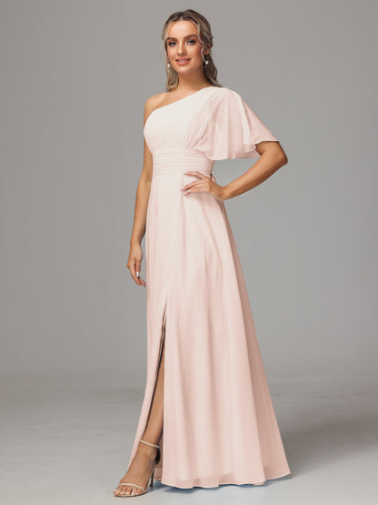One Shoulder Chiffon Bridesmaid Dresses With Slit