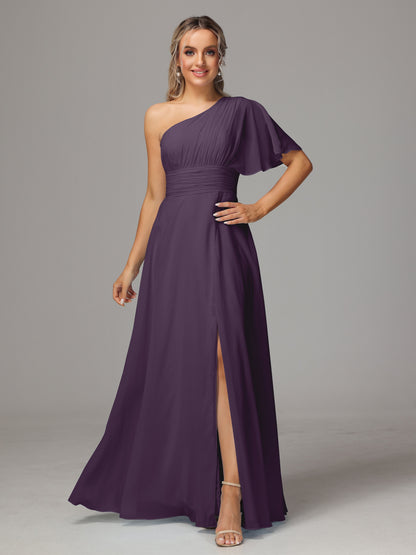 One Shoulder Chiffon Bridesmaid Dresses With Slit