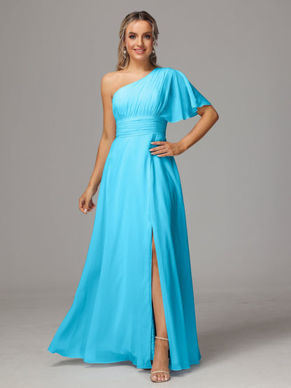 One Shoulder Chiffon Bridesmaid Dresses With Slit