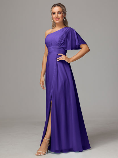 One Shoulder Chiffon Bridesmaid Dresses With Slit