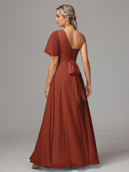 One Shoulder Chiffon Bridesmaid Dresses With Slit