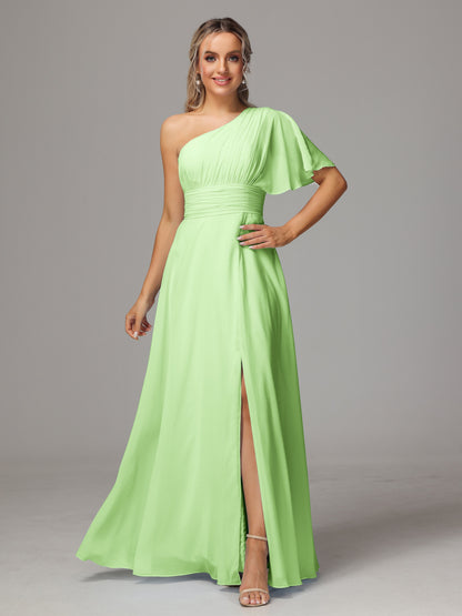 One Shoulder Chiffon Bridesmaid Dresses With Slit