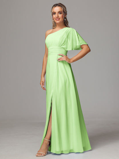 One Shoulder Chiffon Bridesmaid Dresses With Slit