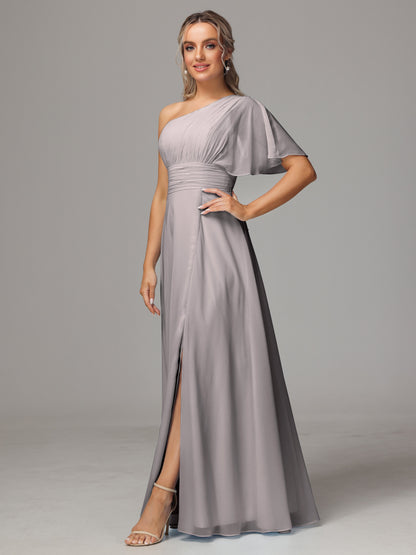 One Shoulder Chiffon Bridesmaid Dresses With Slit