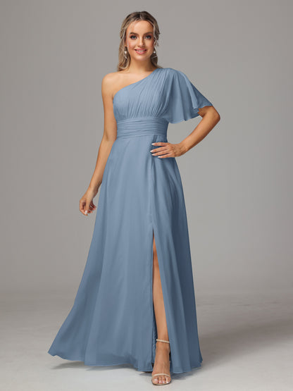 One Shoulder Chiffon Bridesmaid Dresses With Slit