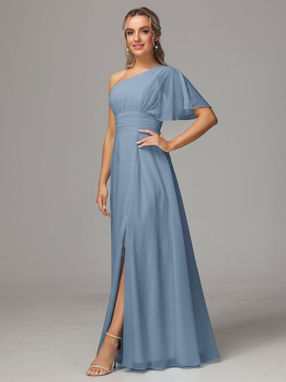 One Shoulder Chiffon Bridesmaid Dresses With Slit
