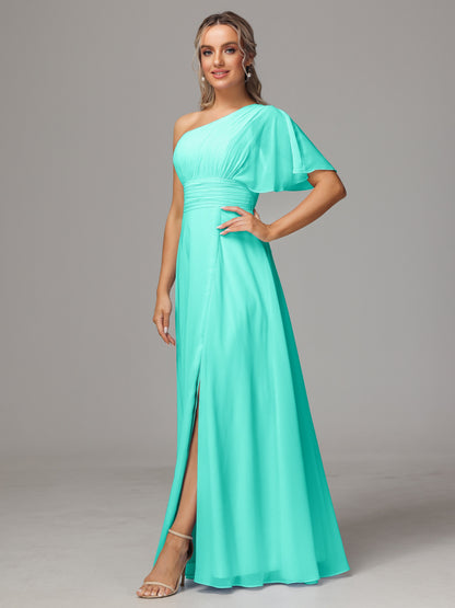 One Shoulder Chiffon Bridesmaid Dresses With Slit