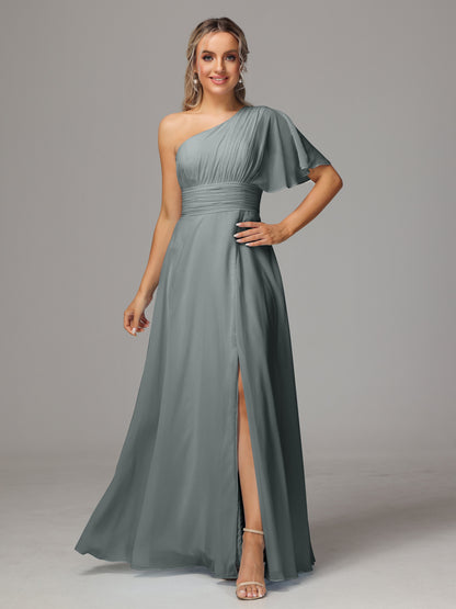 One Shoulder Chiffon Bridesmaid Dresses With Slit
