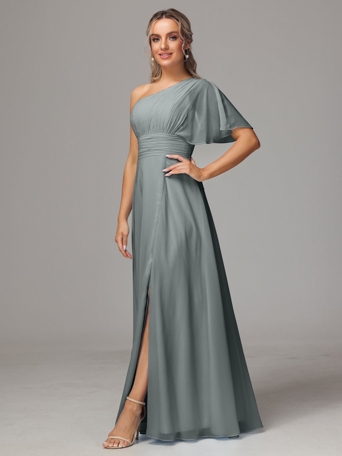 One Shoulder Chiffon Bridesmaid Dresses With Slit