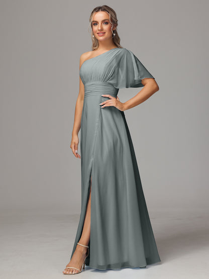One Shoulder Chiffon Bridesmaid Dresses With Slit