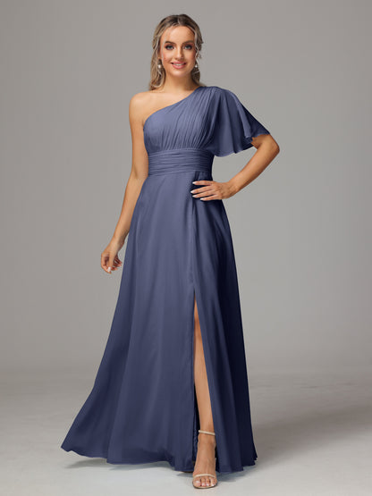 One Shoulder Chiffon Bridesmaid Dresses With Slit