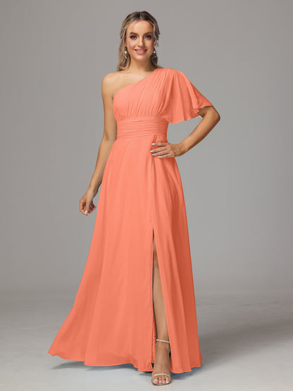 One Shoulder Chiffon Bridesmaid Dresses With Slit