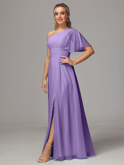 One Shoulder Chiffon Bridesmaid Dresses With Slit