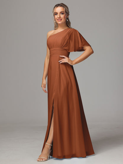 One Shoulder Chiffon Bridesmaid Dresses With Slit
