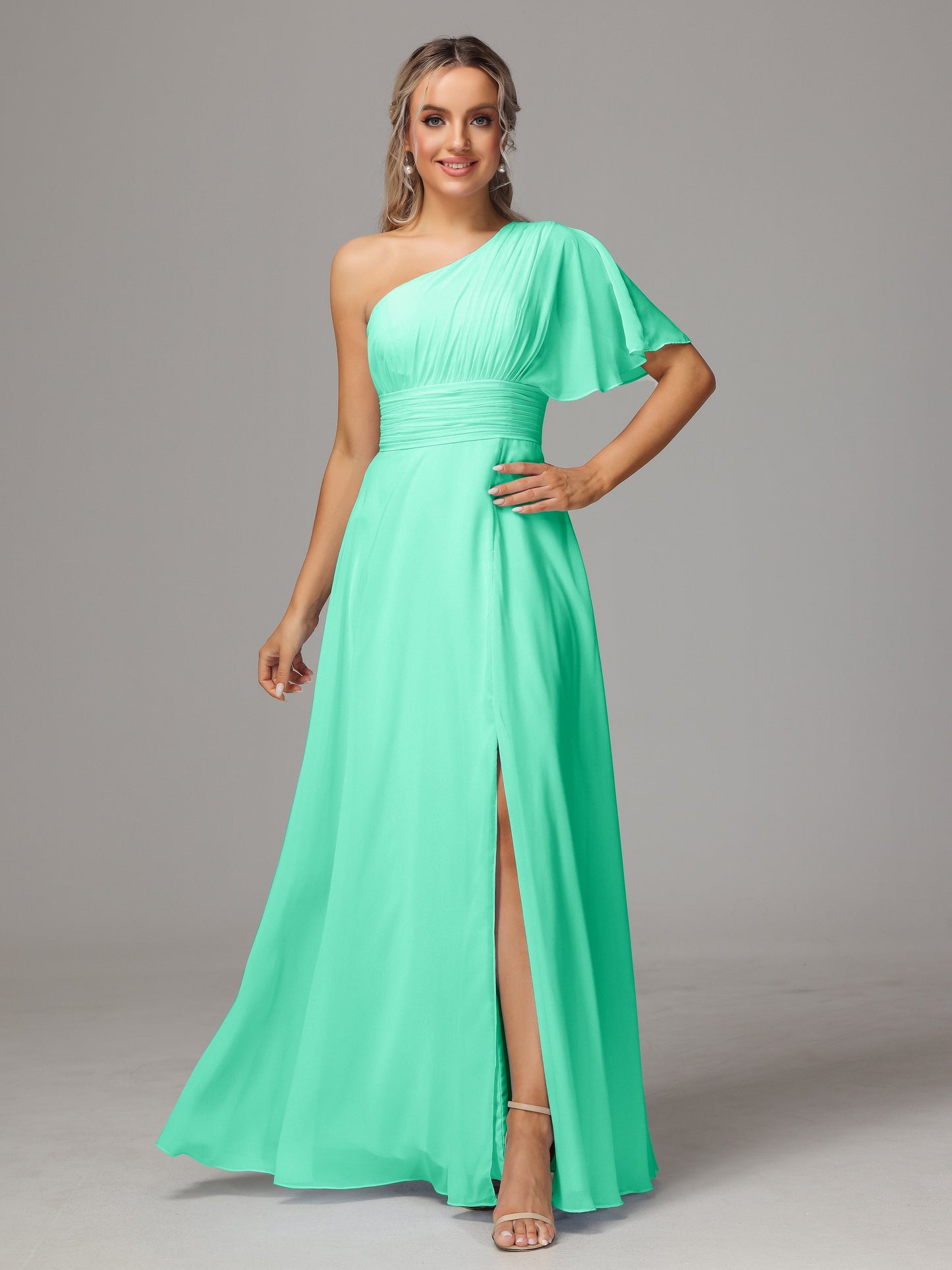 One Shoulder Chiffon Bridesmaid Dresses With Slit